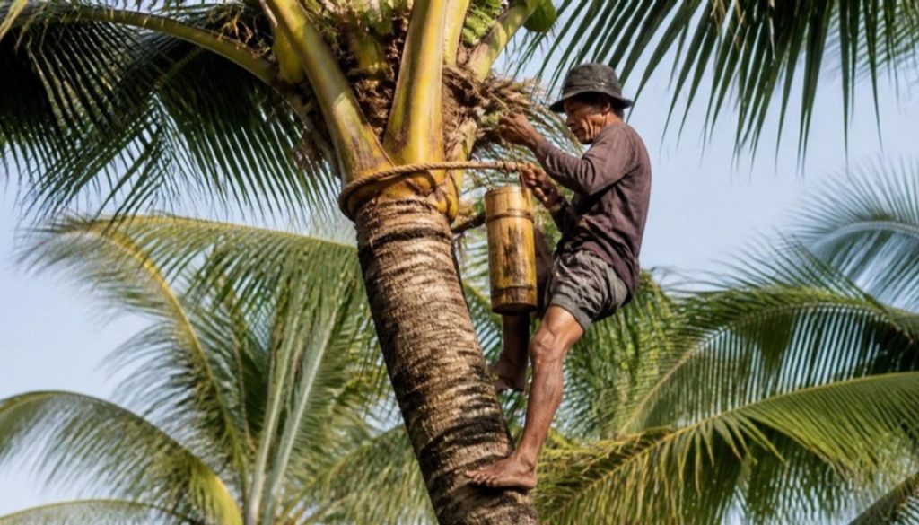 Indonesian farmer collecting coconut sap from coconut palm flower blossoms