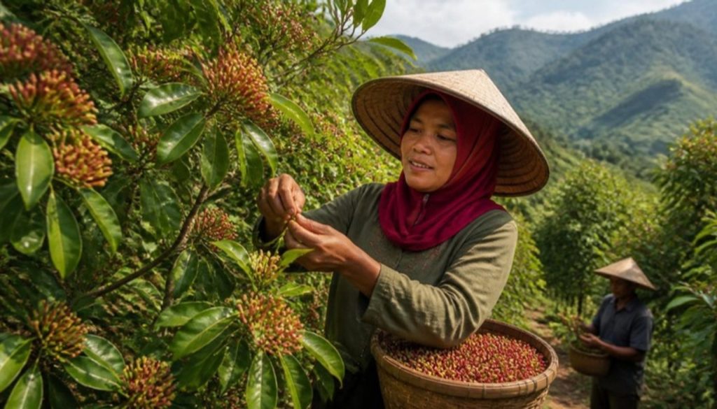 Indonesian farmers harvesting clove buds on a tropical spice farm