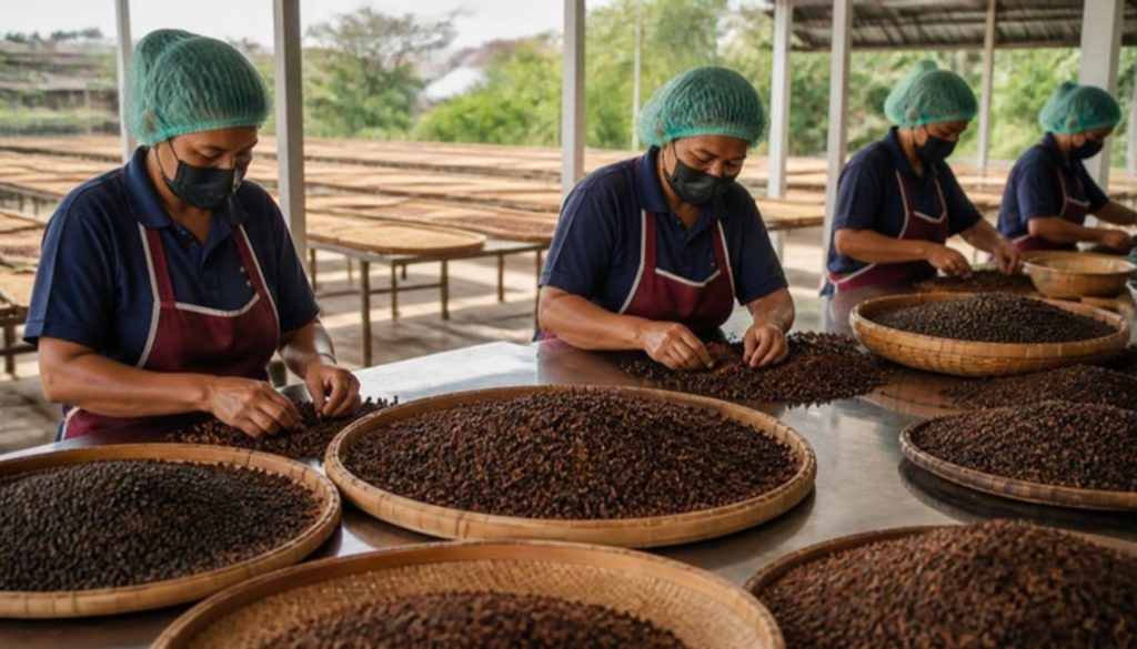 Workers sorting and drying cloves and peppercorns at an Indonesian spice processing facility