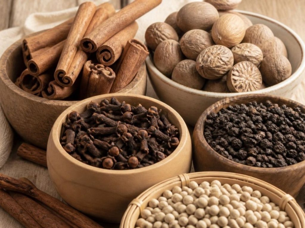 Close-up of Indonesian cinnamon sticks, cloves, nutmeg and peppercorns in natural bowls