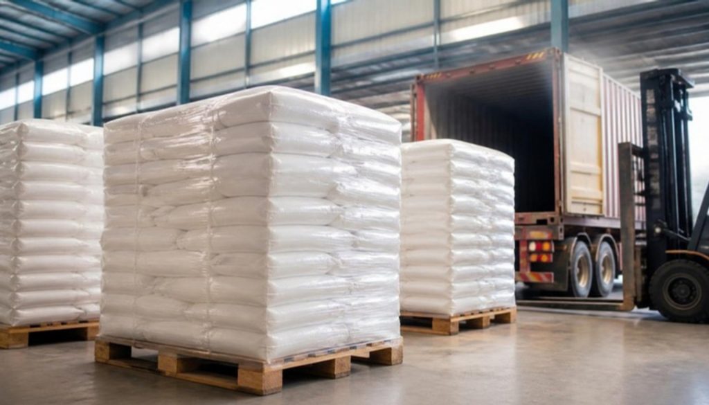 Sugar bags on pallets prepared for international shipment in a warehouse